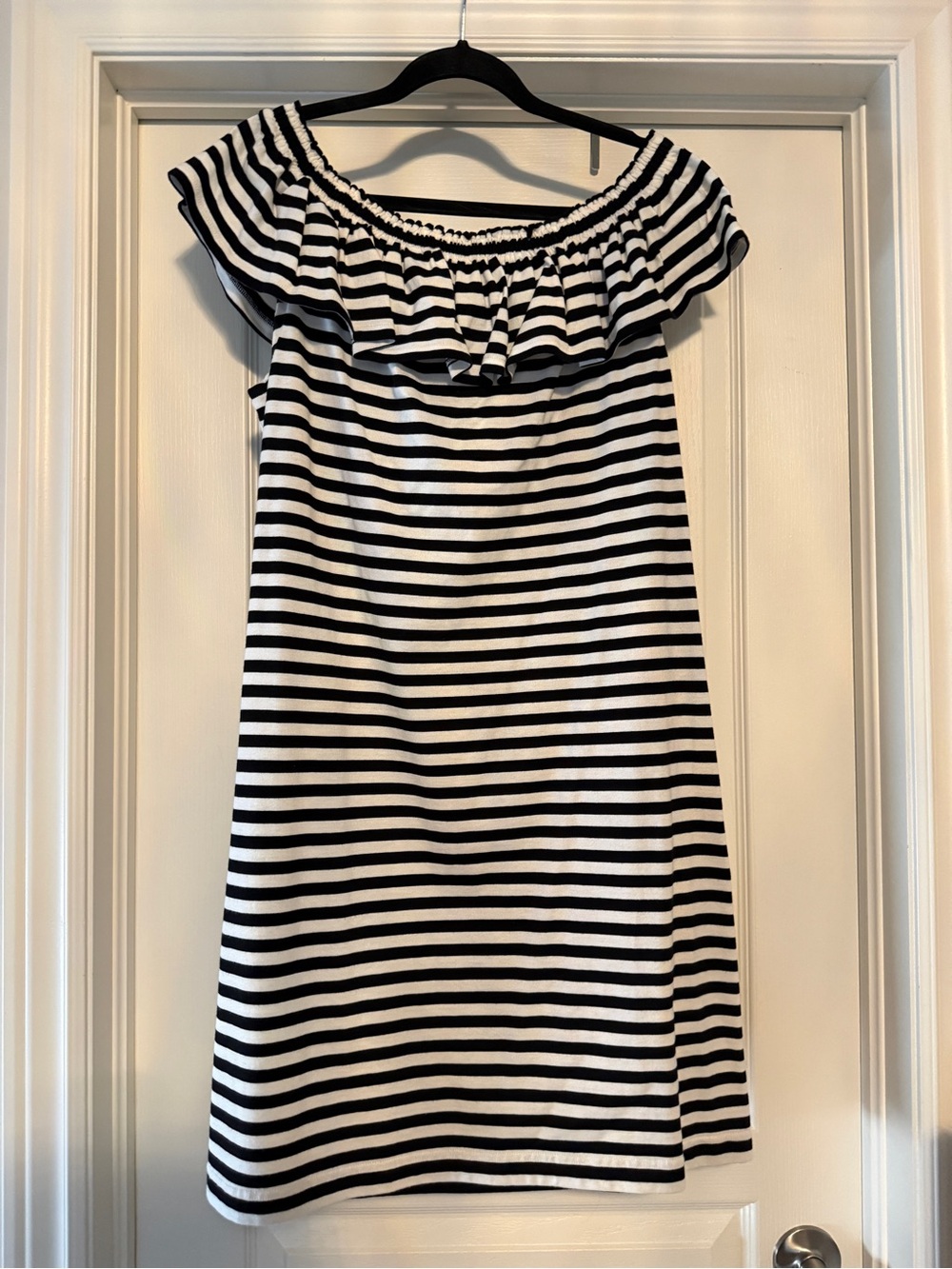 kate spade Black and White Striped Off-Shoulder Ruffle Dress